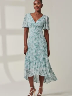 Chelsea Pleated Chiffon Dip Hem Maxi Dress, Blue Abstract