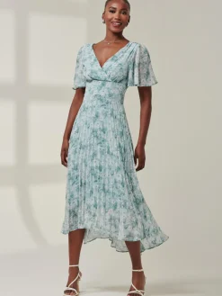 Chelsea Pleated Chiffon Dip Hem Maxi Dress, Blue Abstract