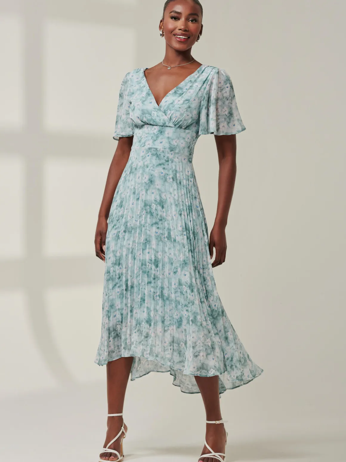 Chelsea Pleated Chiffon Dip Hem Maxi Dress, Blue Abstract