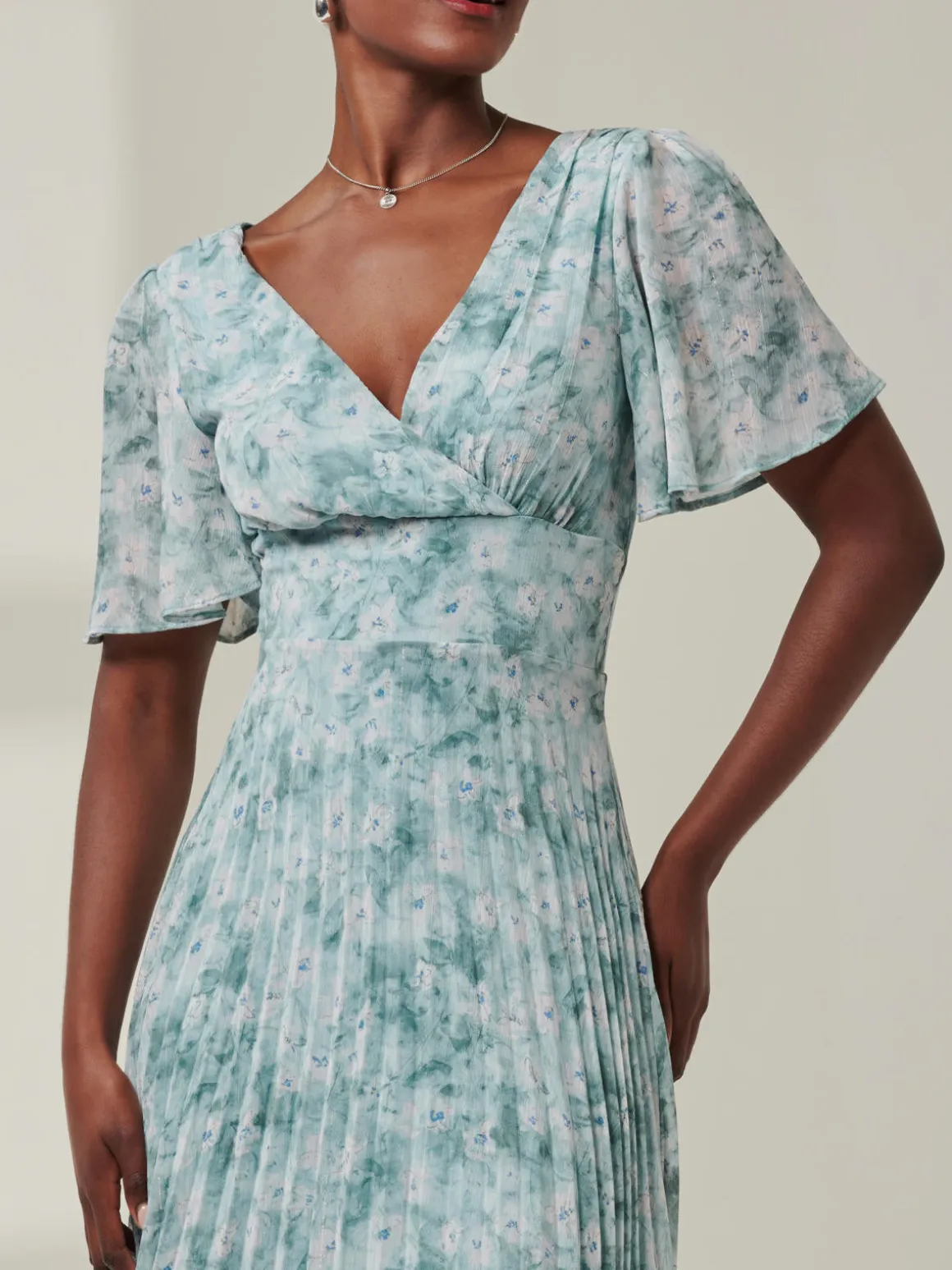 Chelsea Pleated Chiffon Dip Hem Maxi Dress, Blue Abstract