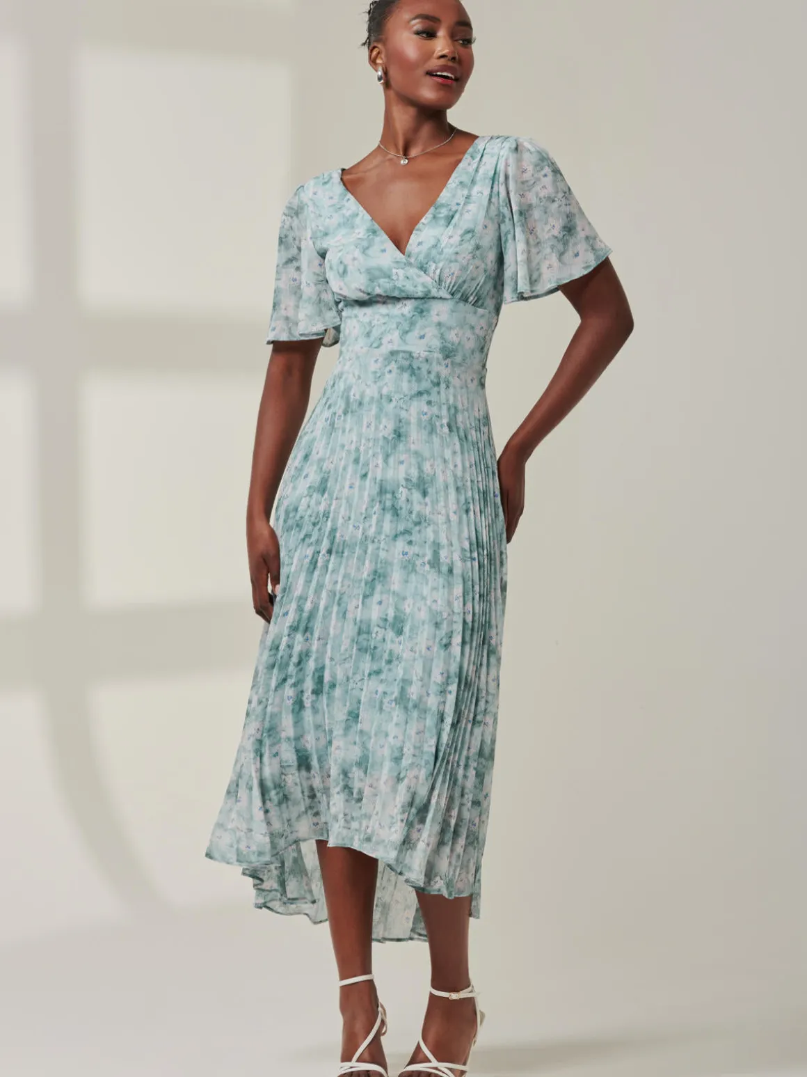 Chelsea Pleated Chiffon Dip Hem Maxi Dress, Blue Abstract