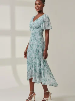 Chelsea Pleated Chiffon Dip Hem Maxi Dress, Blue Abstract