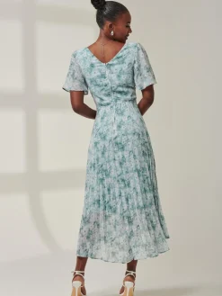 Chelsea Pleated Chiffon Dip Hem Maxi Dress, Blue Abstract