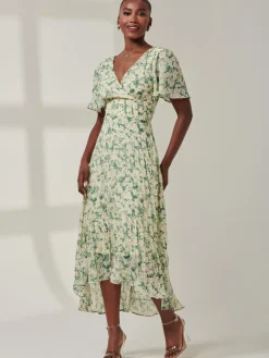 Chelsea Pleated Chiffon Dip Hem Maxi Dress, Green Abstract