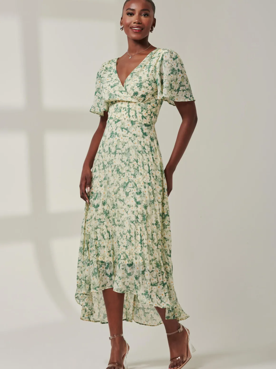 Chelsea Pleated Chiffon Dip Hem Maxi Dress, Green Abstract