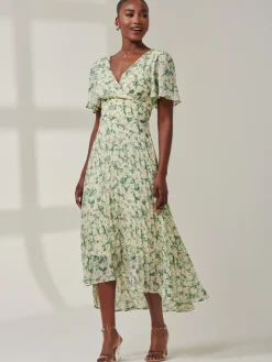 Chelsea Pleated Chiffon Dip Hem Maxi Dress, Green Abstract