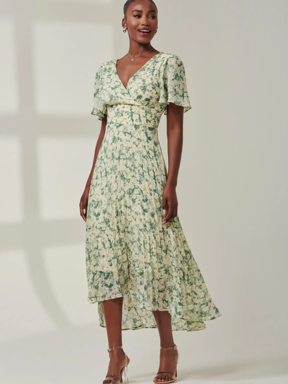 Chelsea Pleated Chiffon Dip Hem Maxi Dress, Green Abstract