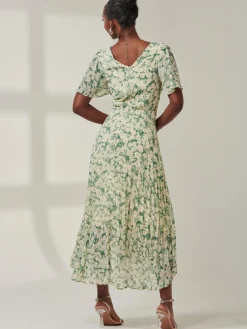 Chelsea Pleated Chiffon Dip Hem Maxi Dress, Green Abstract