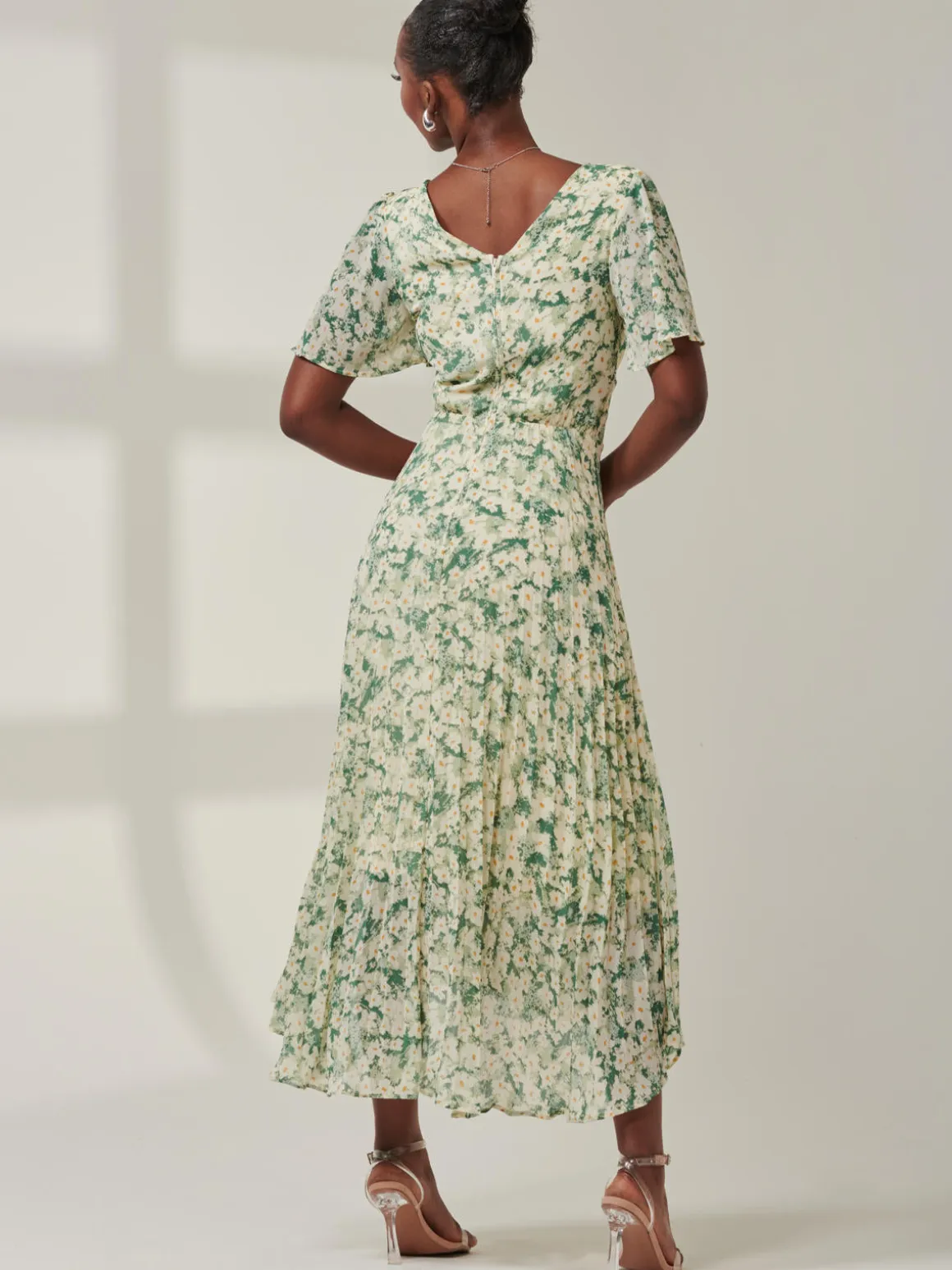 Chelsea Pleated Chiffon Dip Hem Maxi Dress, Green Abstract