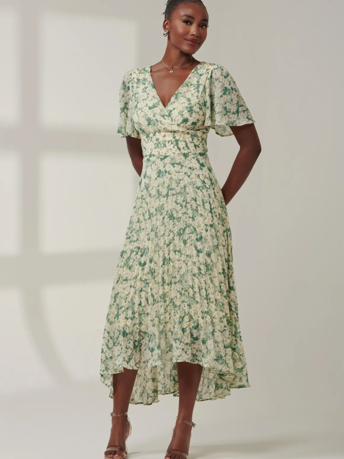 Chelsea Pleated Chiffon Dip Hem Maxi Dress, Green Abstract