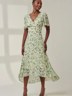 Chelsea Pleated Chiffon Dip Hem Maxi Dress, Green Abstract