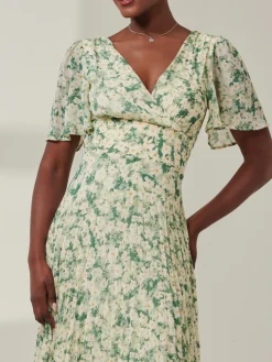Chelsea Pleated Chiffon Dip Hem Maxi Dress, Green Abstract