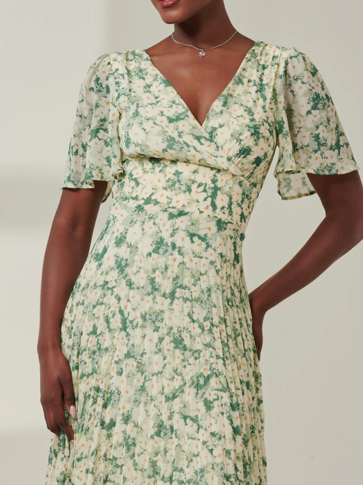 Chelsea Pleated Chiffon Dip Hem Maxi Dress, Green Abstract