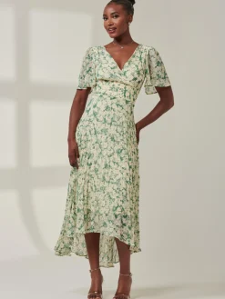 Chelsea Pleated Chiffon Dip Hem Maxi Dress, Green Abstract