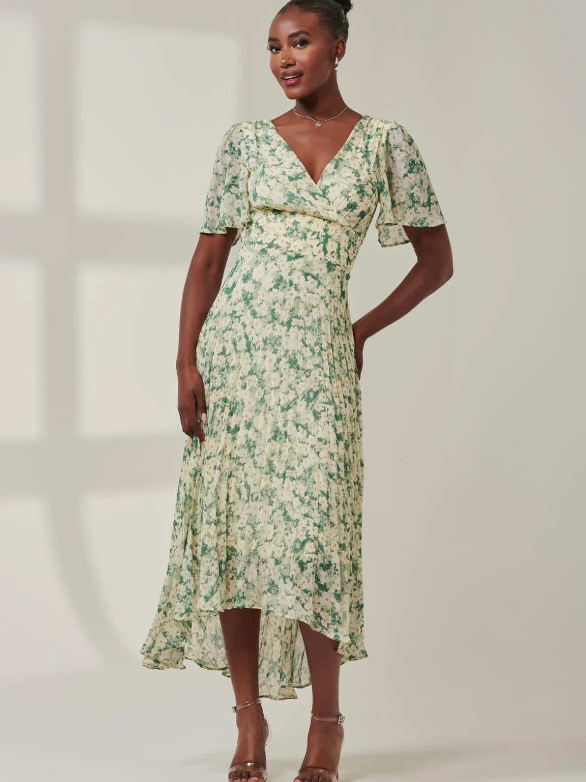 Chelsea Pleated Chiffon Dip Hem Maxi Dress, Green Abstract