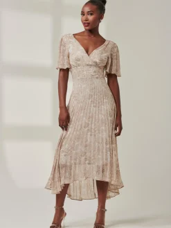 Chelsea Pleated Chiffon Dip Hem Maxi Dress, Taupe Multi