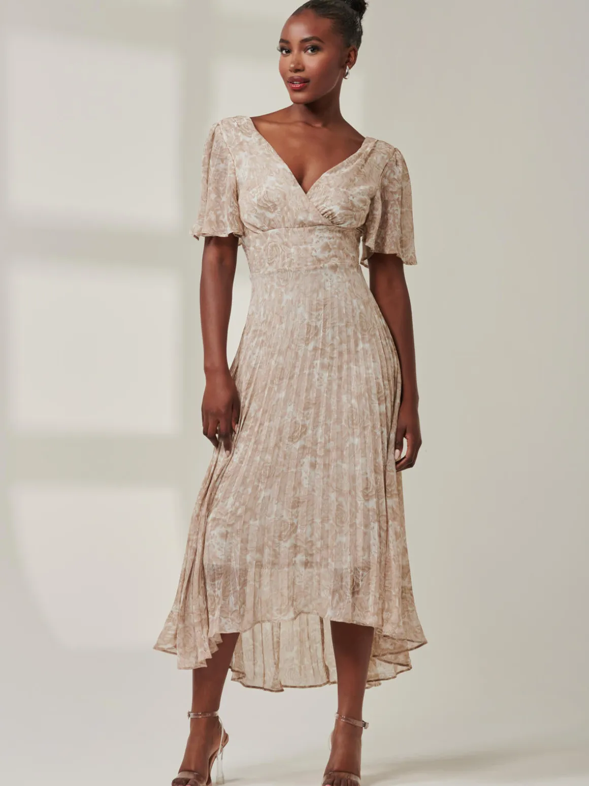 Chelsea Pleated Chiffon Dip Hem Maxi Dress, Taupe Multi