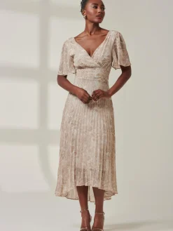 Chelsea Pleated Chiffon Dip Hem Maxi Dress, Taupe Multi