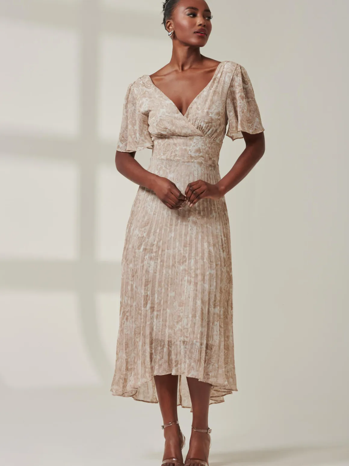 Chelsea Pleated Chiffon Dip Hem Maxi Dress, Taupe Multi