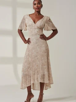 Chelsea Pleated Chiffon Dip Hem Maxi Dress, Taupe Multi