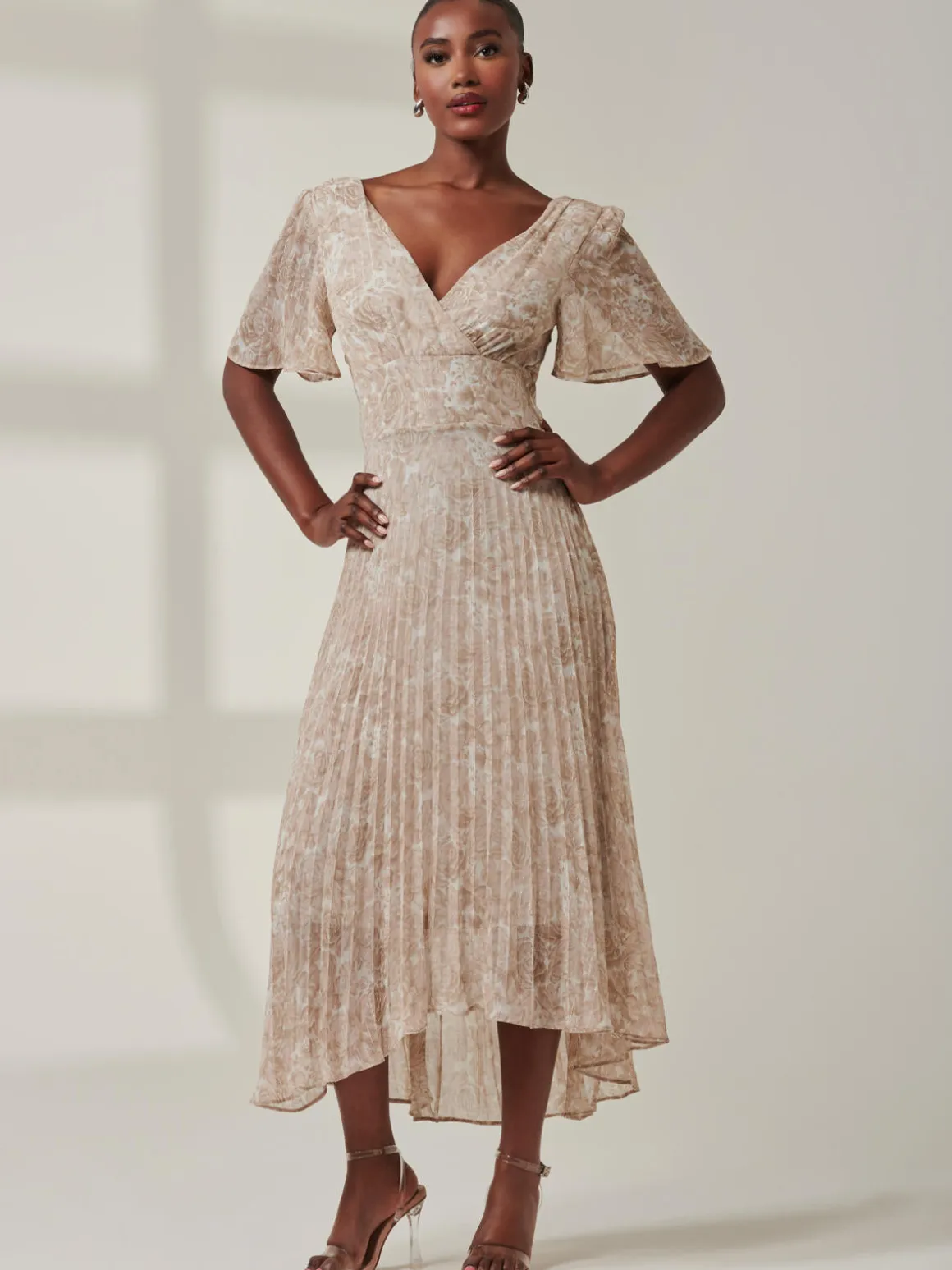 Chelsea Pleated Chiffon Dip Hem Maxi Dress, Taupe Multi