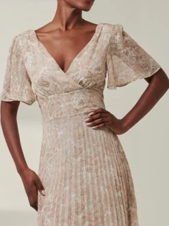 Chelsea Pleated Chiffon Dip Hem Maxi Dress, Taupe Multi
