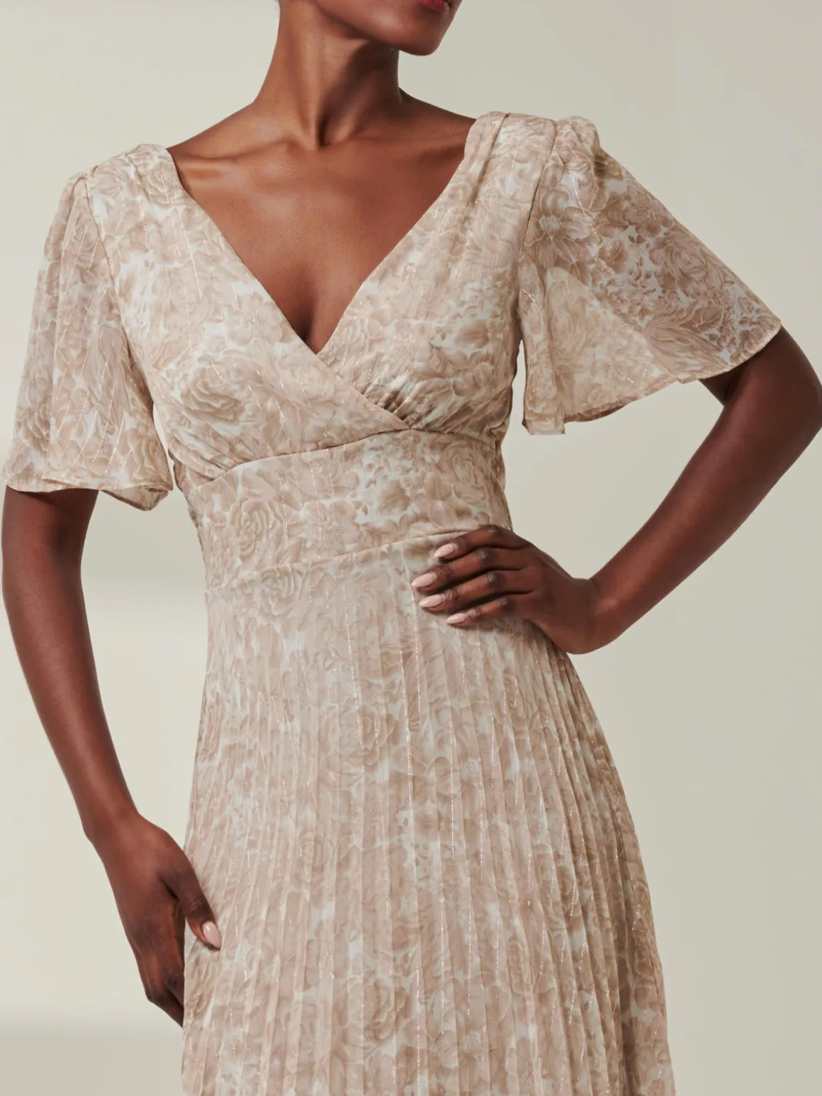Chelsea Pleated Chiffon Dip Hem Maxi Dress, Taupe Multi
