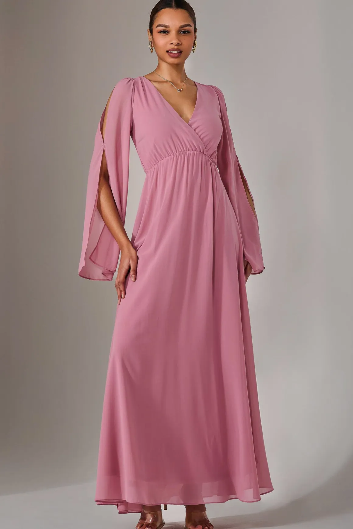 Chiffon Cap Sleeve Maxi Dress, Dusty Pink