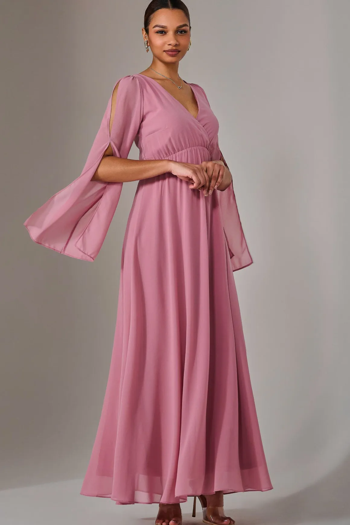 Chiffon Cap Sleeve Maxi Dress, Dusty Pink