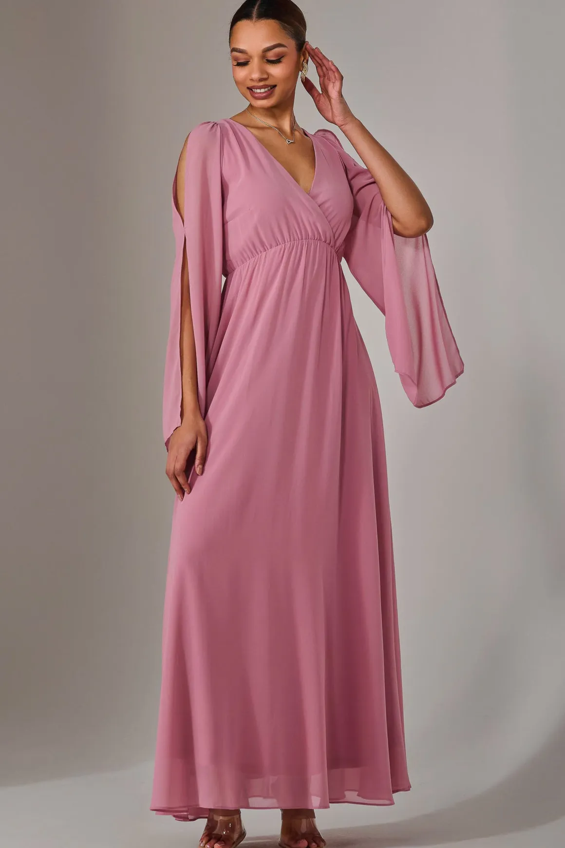 Chiffon Cap Sleeve Maxi Dress, Dusty Pink