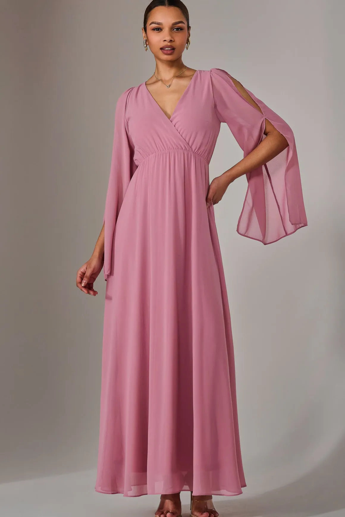 Chiffon Cap Sleeve Maxi Dress, Dusty Pink