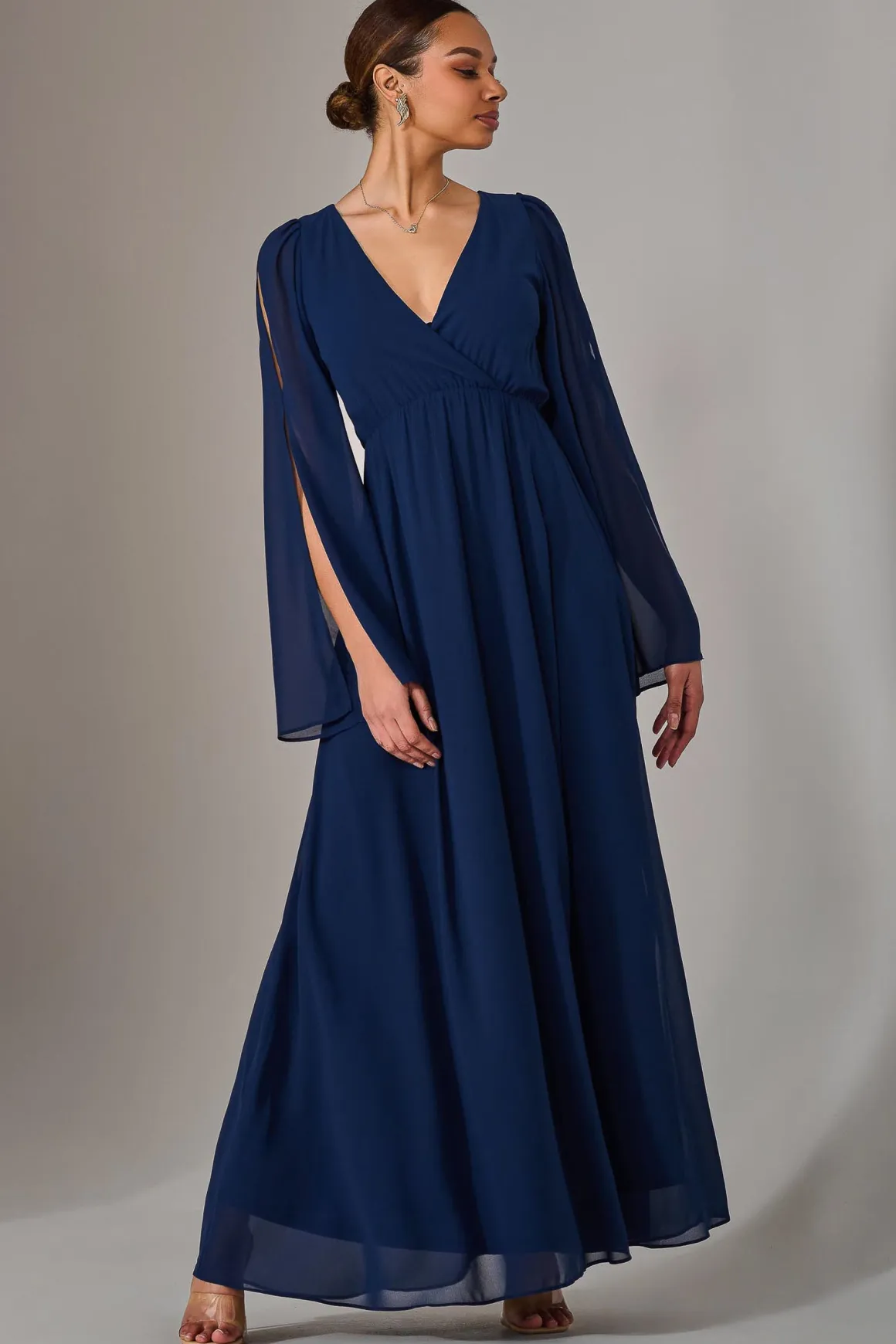 Chiffon Cap Sleeve Maxi Dress, Navy