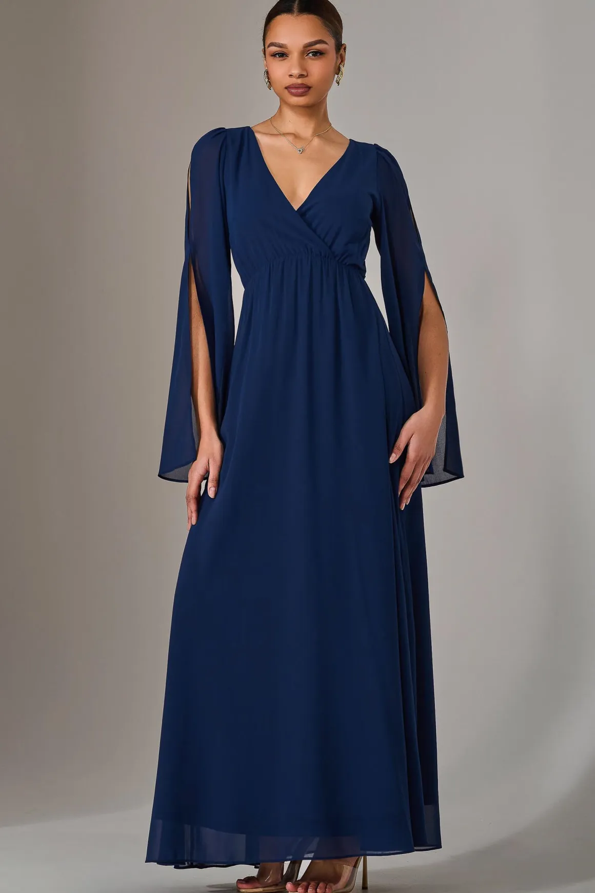 Chiffon Cap Sleeve Maxi Dress, Navy