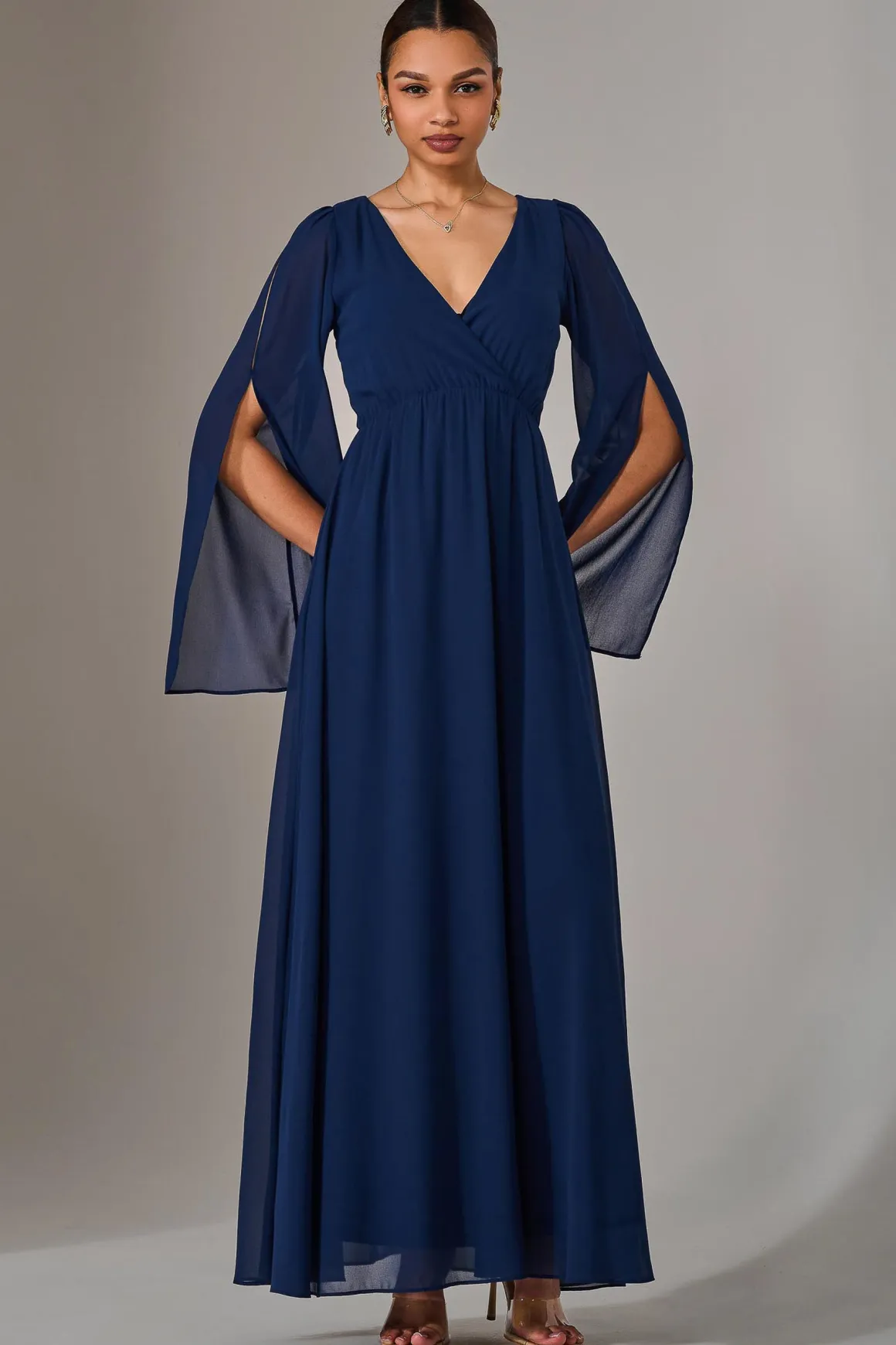 Chiffon Cap Sleeve Maxi Dress, Navy