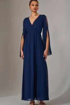 Chiffon Cap Sleeve Maxi Dress, Navy