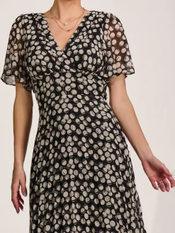Chiffon Floaty Sleeved Midaxi Dress, Black Spot