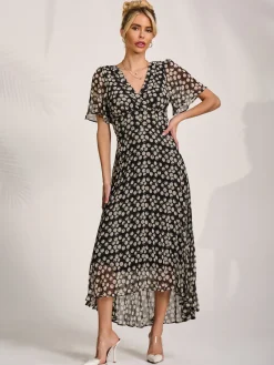 Chiffon Floaty Sleeved Midaxi Dress, Black Spot