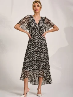 Chiffon Floaty Sleeved Midaxi Dress, Black Spot