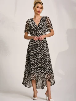 Chiffon Floaty Sleeved Midaxi Dress, Black Spot
