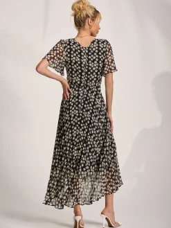 Chiffon Floaty Sleeved Midaxi Dress, Black Spot