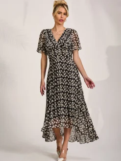 Chiffon Floaty Sleeved Midaxi Dress, Black Spot