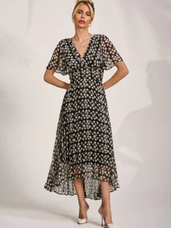 Chiffon Floaty Sleeved Midaxi Dress, Black Spot