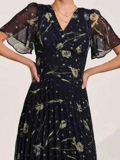 Chiffon Floaty Sleeved Midaxi Dress, Navy Abstract