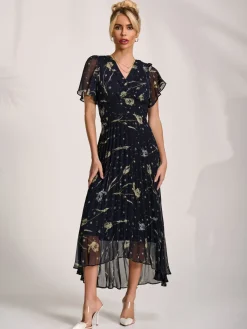 Chiffon Floaty Sleeved Midaxi Dress, Navy Abstract