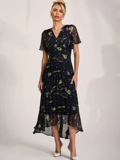 Chiffon Floaty Sleeved Midaxi Dress, Navy Abstract