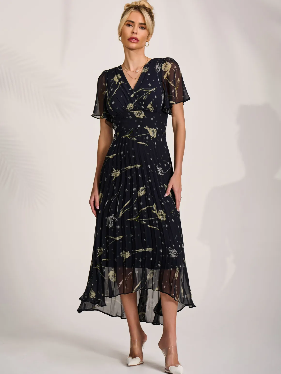 Chiffon Floaty Sleeved Midaxi Dress, Navy Abstract