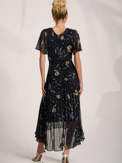 Chiffon Floaty Sleeved Midaxi Dress, Navy Abstract