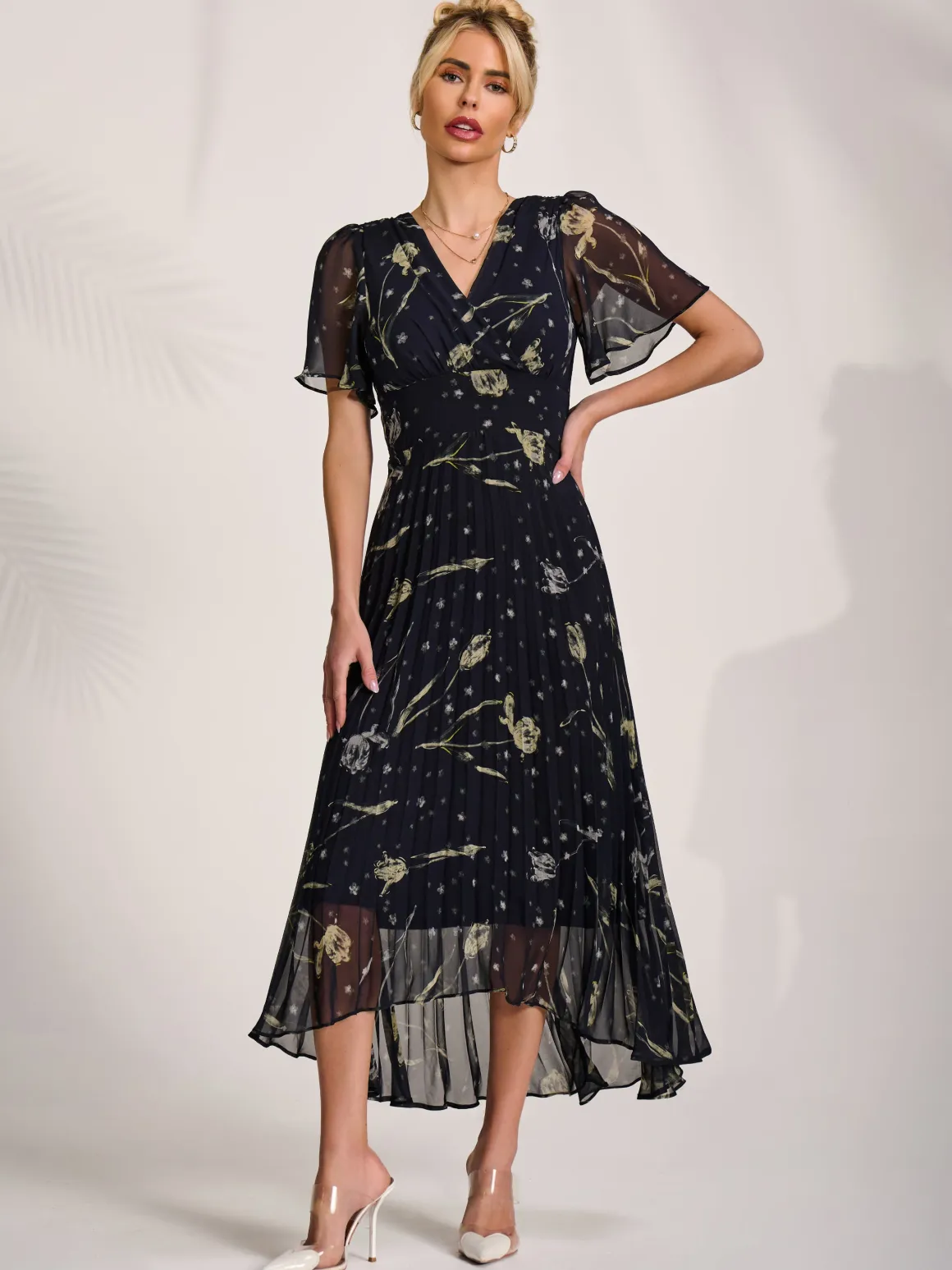 Chiffon Floaty Sleeved Midaxi Dress, Navy Abstract