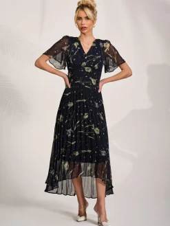 Chiffon Floaty Sleeved Midaxi Dress, Navy Abstract