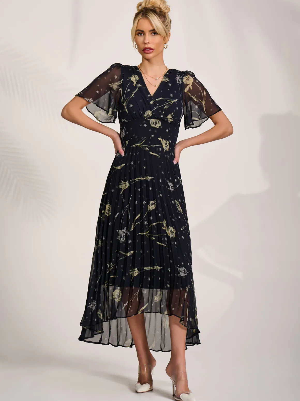 Chiffon Floaty Sleeved Midaxi Dress, Navy Abstract